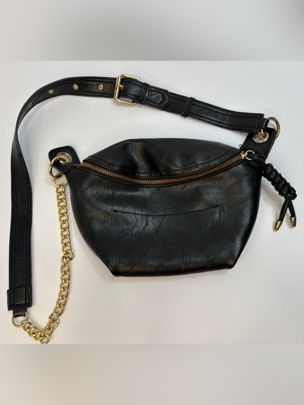 Black Leather Look Belt Bag Sling Crossbody Gold Chain Adjustable Strap